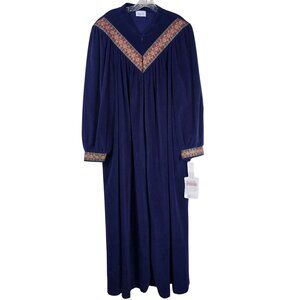 VTG Vanity Fair Robe Womens XXXL Blue House Coat Dress 1/4 Zip Embroidered Long